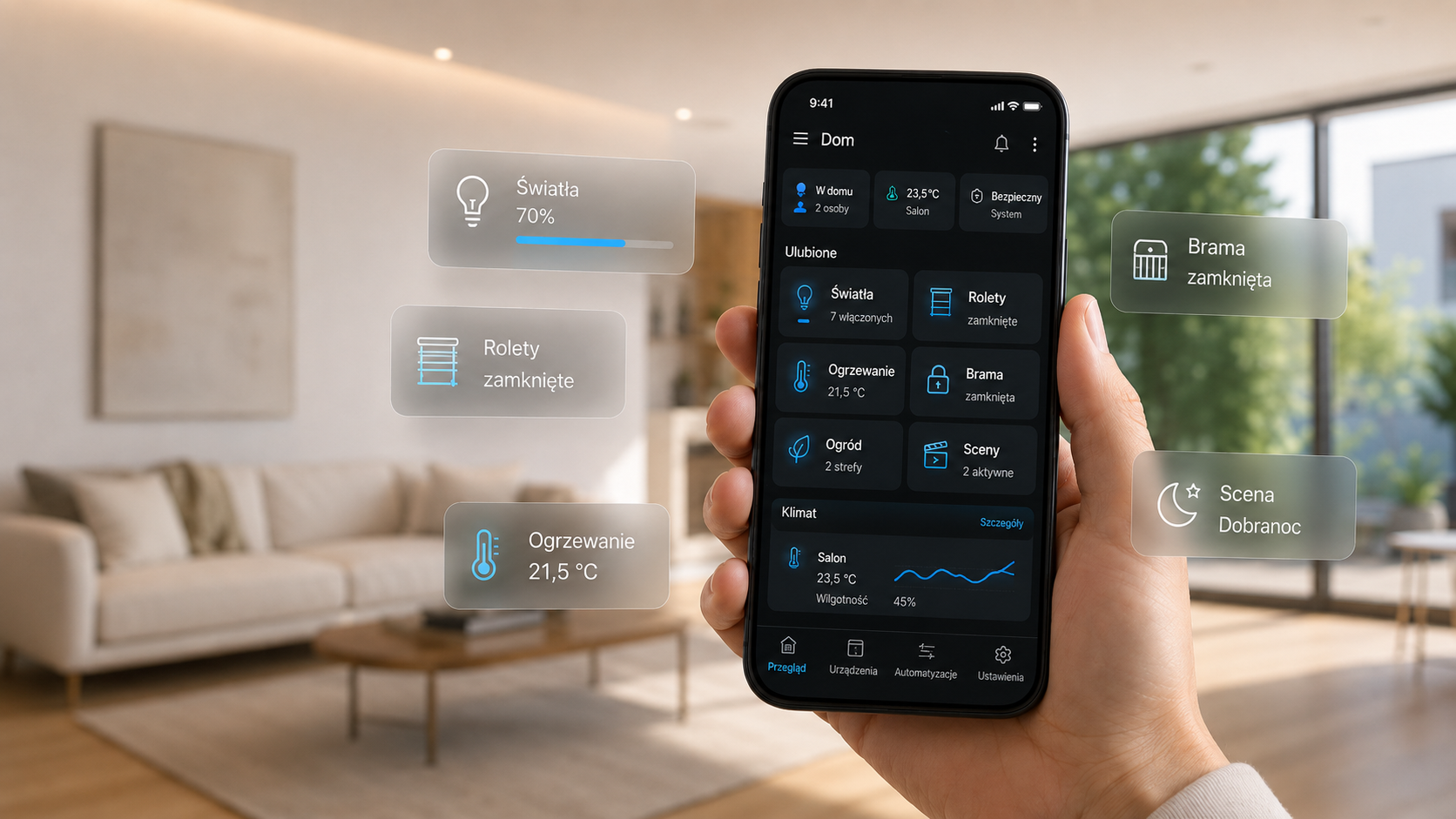 Przykładowy dashboard smart home z kontrolą świateł, rolet, ogrzewania, bramy i scen w systemie Home Assistant.
