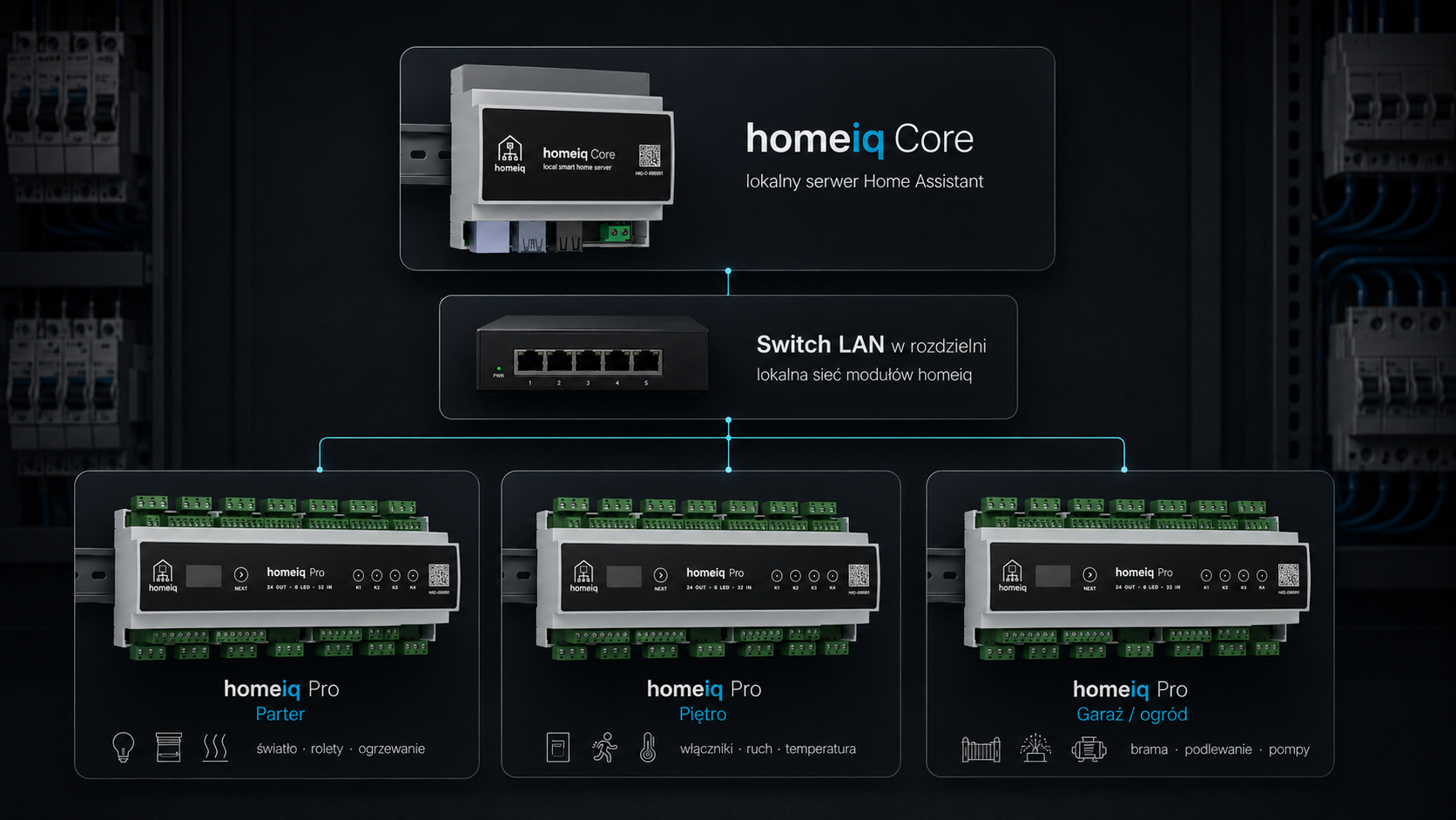 Schemat połączenia homeiq Core, switcha LAN i kilku modułów homeiq Pro w rozdzielni