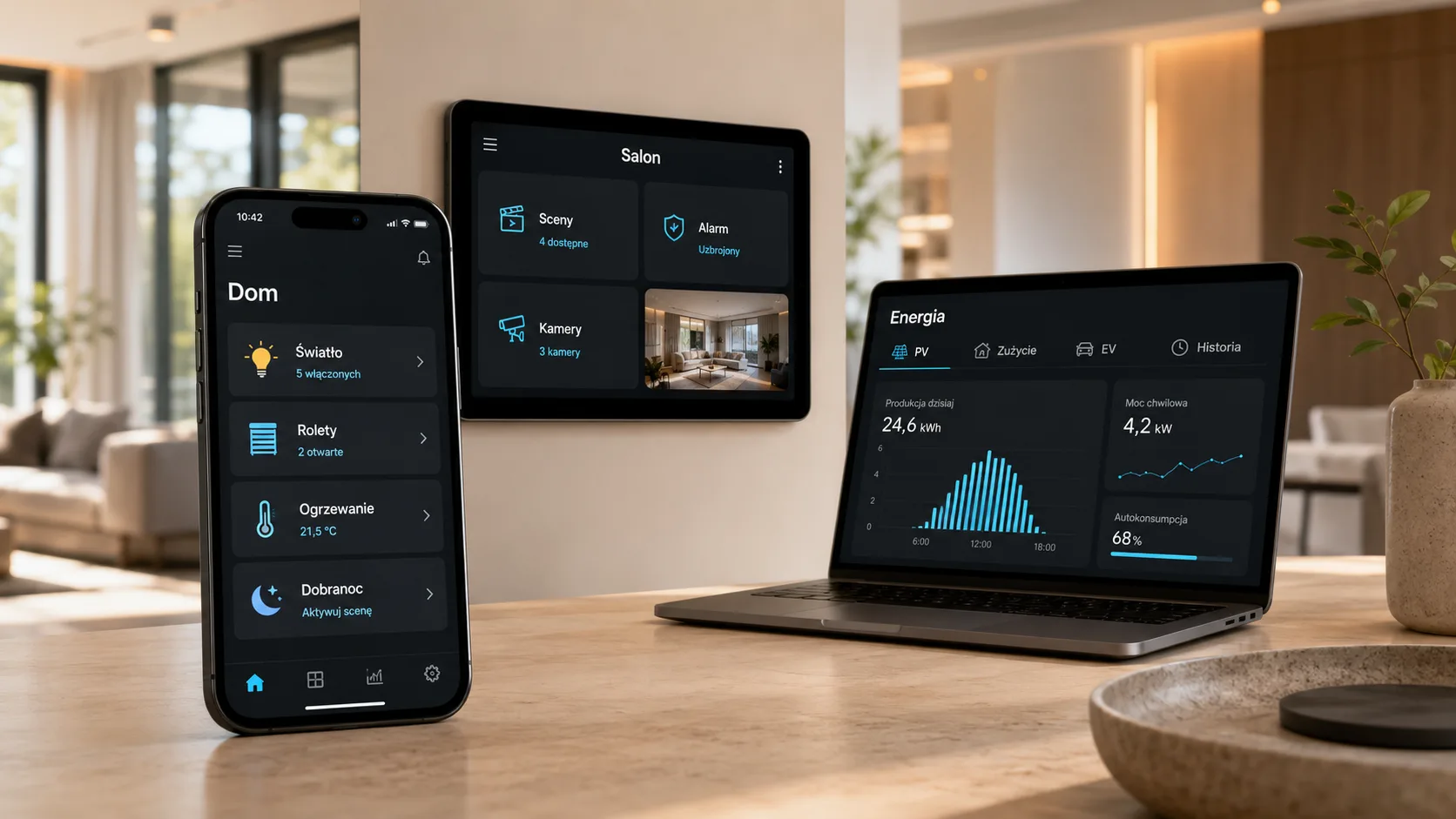 Przykładowe dashboardy Home Assistant na telefonie, tablecie ściennym i laptopie.