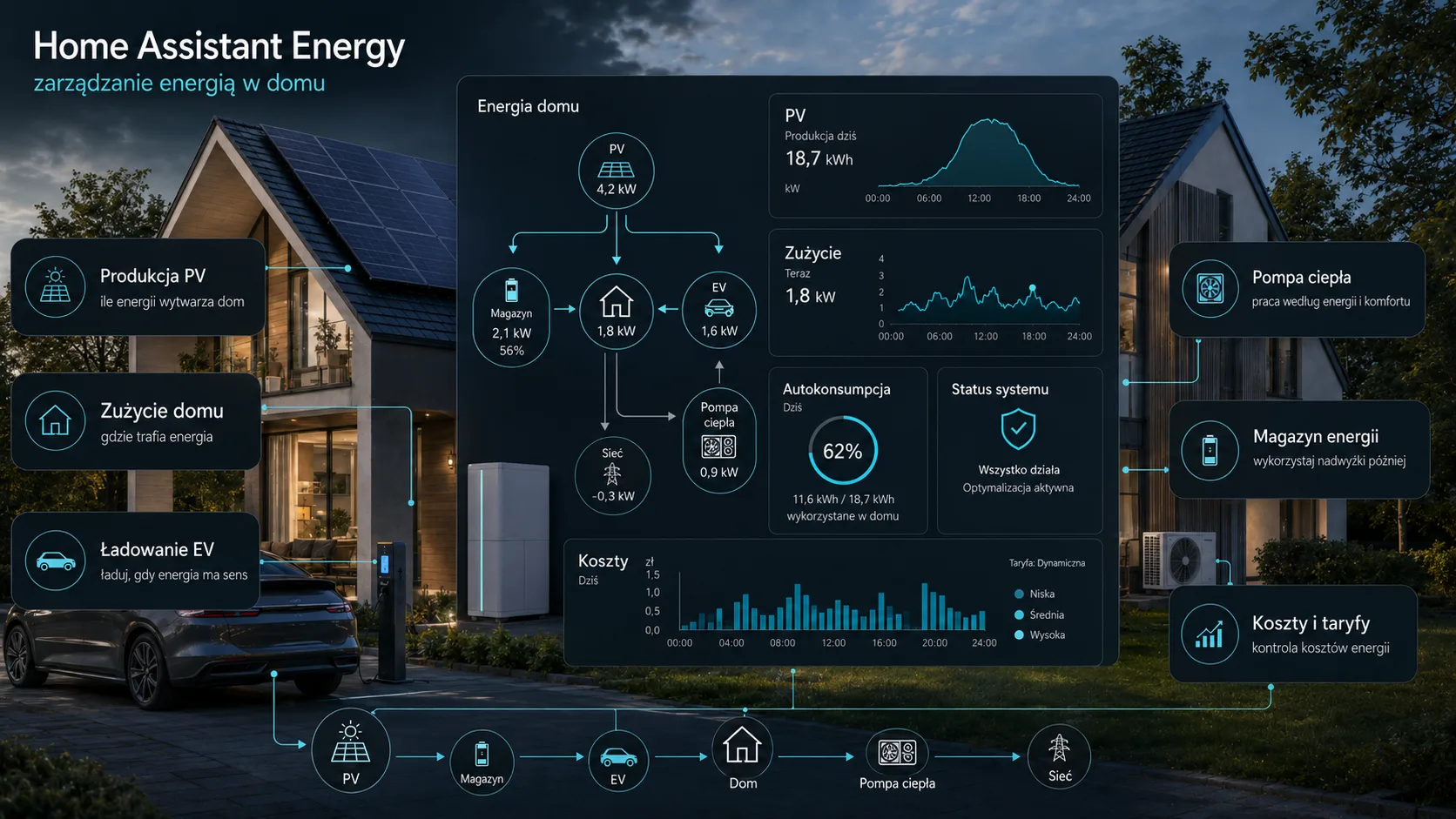 Dashboard Home Assistant Energy z fotowoltaiką, zużyciem domu, ładowaniem EV, pompą ciepła, magazynem energii i kosztami.