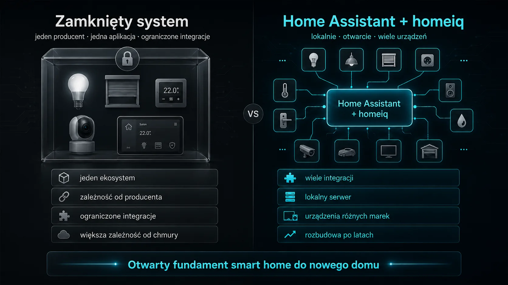 Porównanie zamkniętego systemu smart home z otwartym systemem Home Assistant i homeiq.